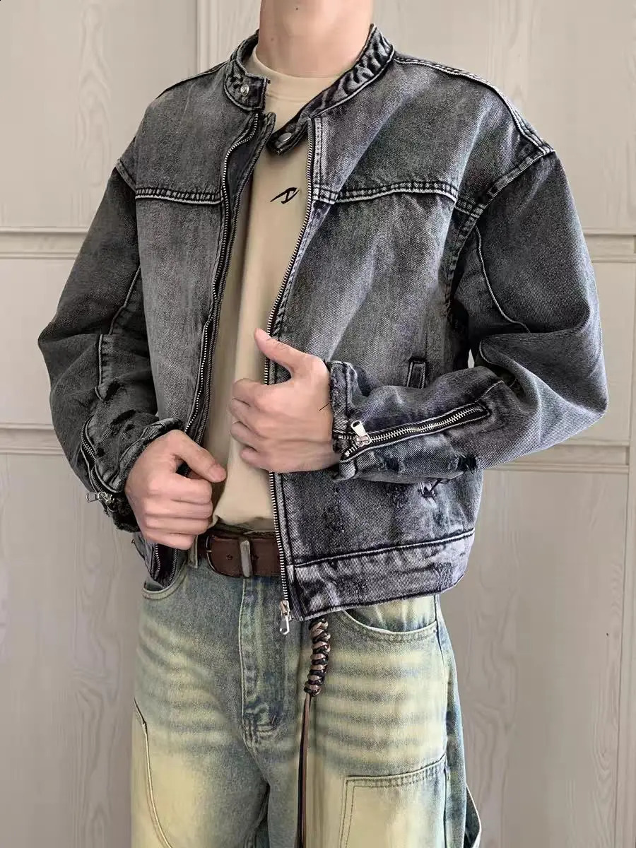 Retro Heavyweight Jackets with Stand Up Collar Mens Japanese Washed Denim Jacket Men Harajuku Gothic Fashion Mens Jackets 250815