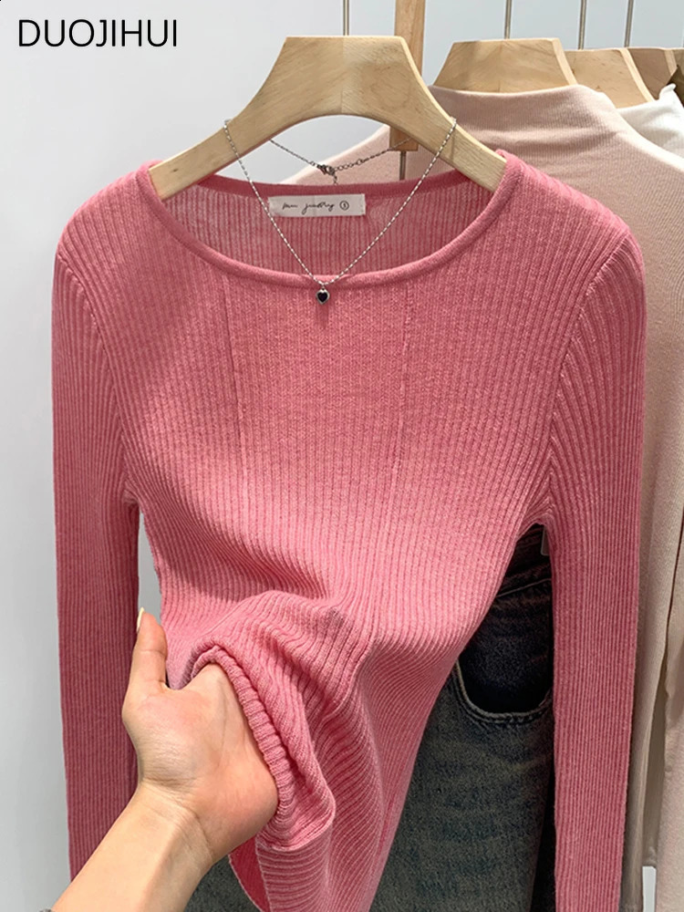 DUOJIHUI Classic Oneck Basic Long Sleeve Knitted Women Pullovers Autumn Solid Color Fashion Simple Casual Female 250801