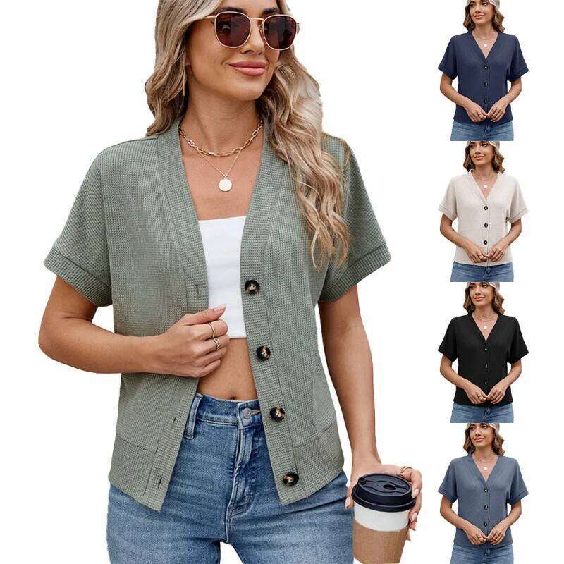Designer Clothing 2025 Summer Women's Waffle Knit V-Neck Cardigan - Short Sleeve Loose Fit Casual Blouse Top, Plus Size, Trendy Spring Daily Ou