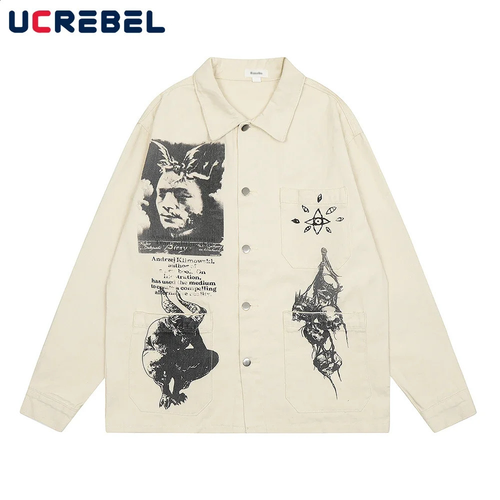 Demon Print Cargo Jacket Mens Retro High Street Single Breasted Lapel Long Sleeve Pocket Jacket Men Outerwear 250815