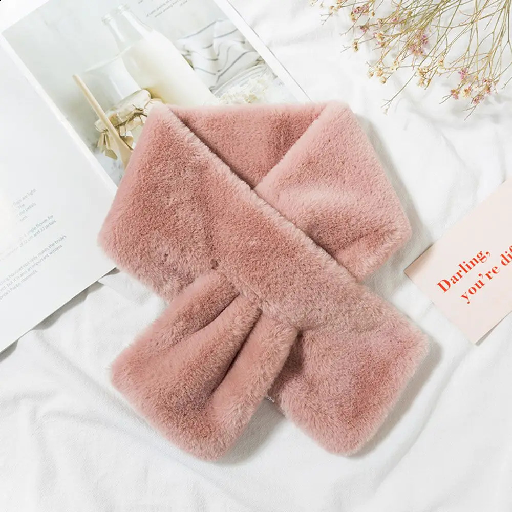 Women Winter Warm Thicken Cross Collar Scarf Solid Color Faux Rabbit Fur Plush Elegant Shawl Scarfs 250811