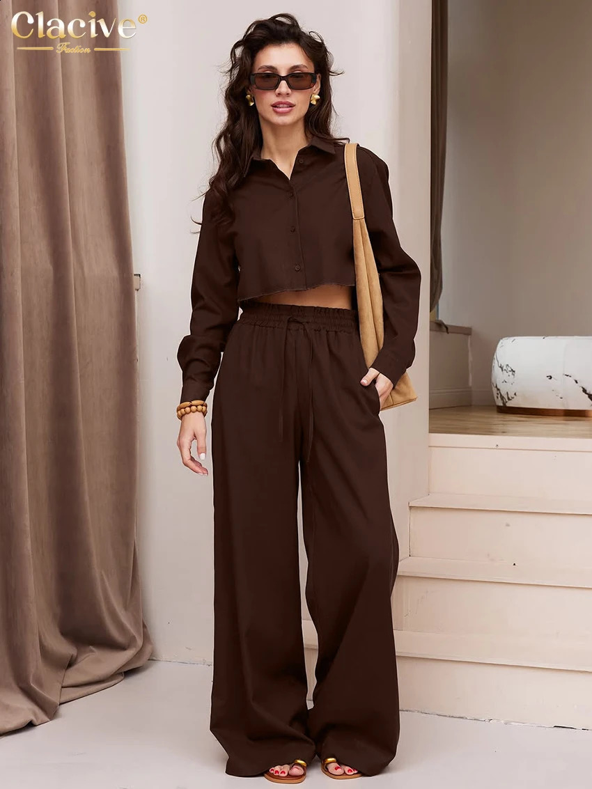 Clacive Fashion Loose Brown Linen Two Piece Outfits Woman Elegant Long Sleeve Shirt With High Waist Wide Pants Set Female 250801