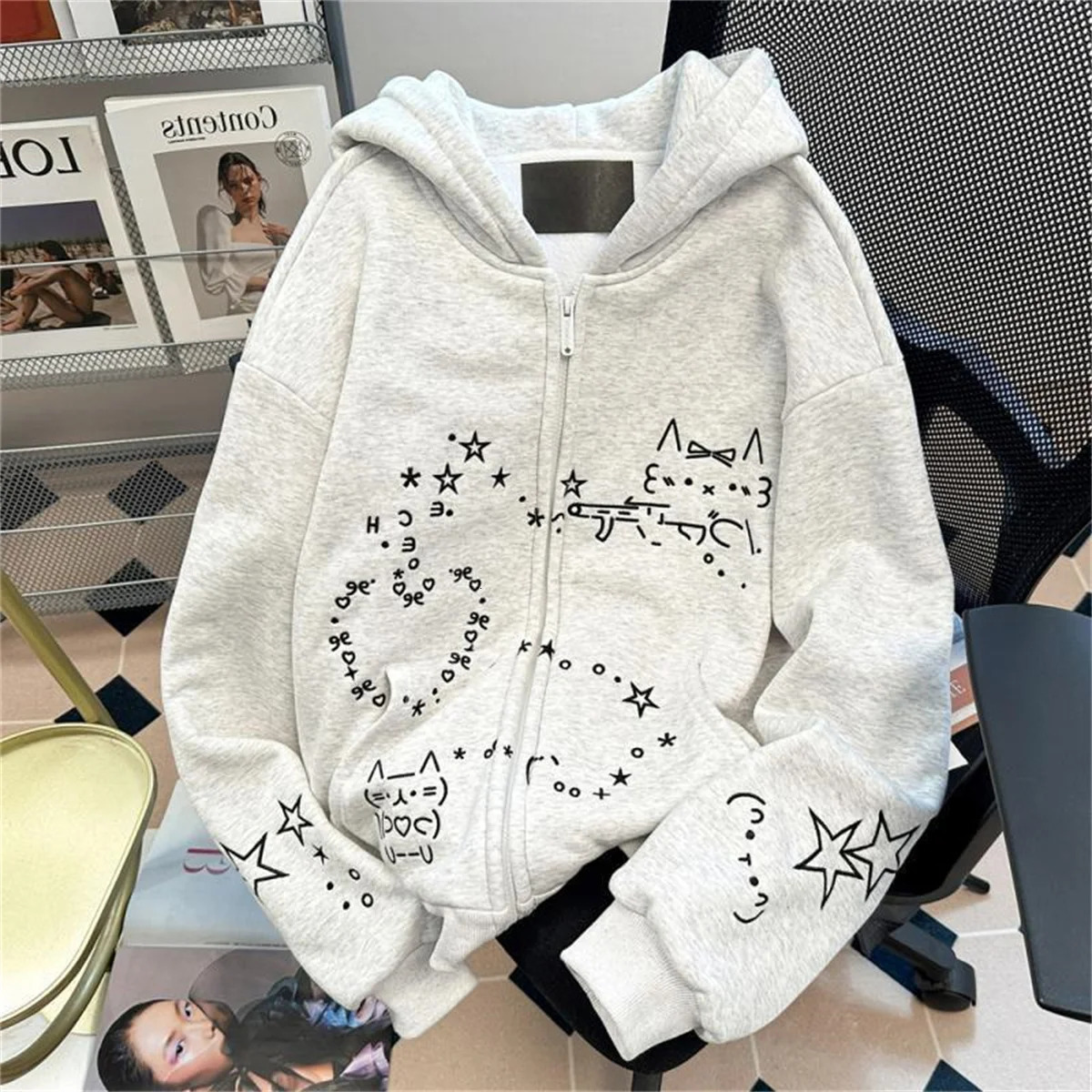 Cute Cat Print Hooded Coat Spring And Autumn Dressing Up Collection Sporty Chic Hoodies Casual Zip Long Sleeve Coats 250818