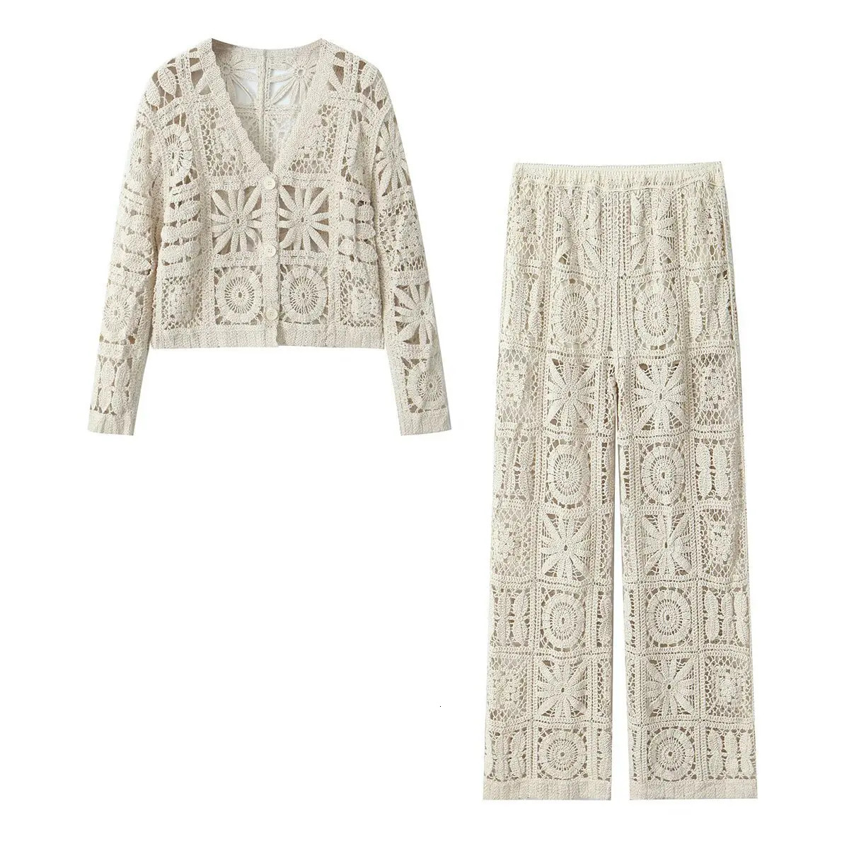 Knitted Two Piece Pants Sets Women Hollow Out Single Breasted Cardigans Autumn Fashion Female High Waist Trousers Twopiece 250818