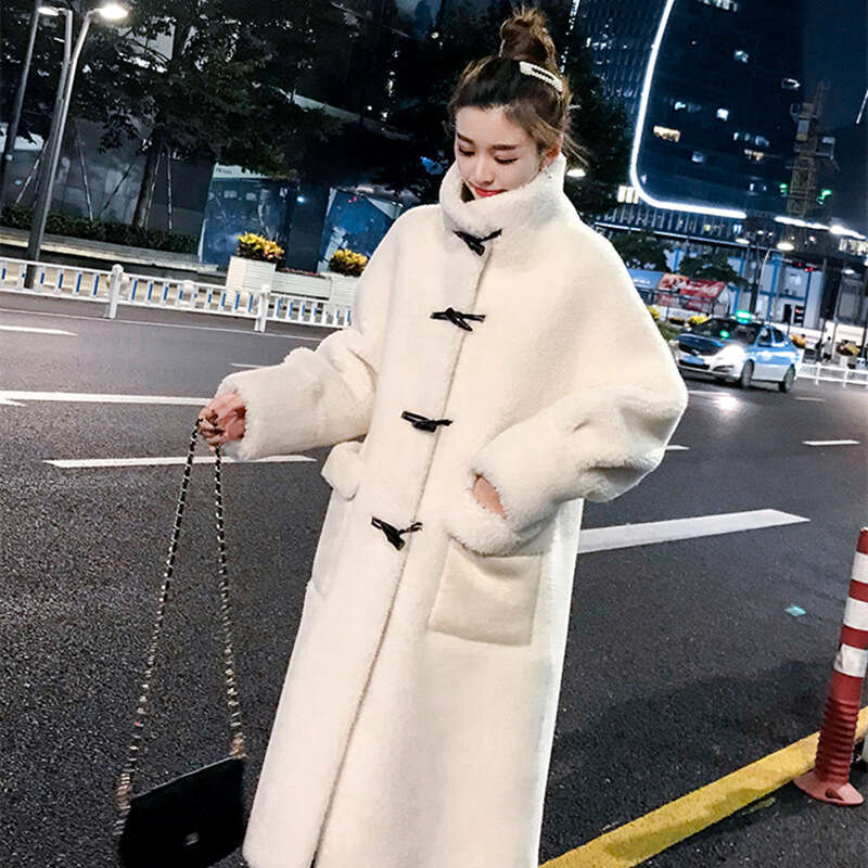 Lady Standing Collar Cow Horn Buckle Lamb Wool Coat Women's Winter Wool Fleece Faux Fur One-piece Thickened Faux Fur