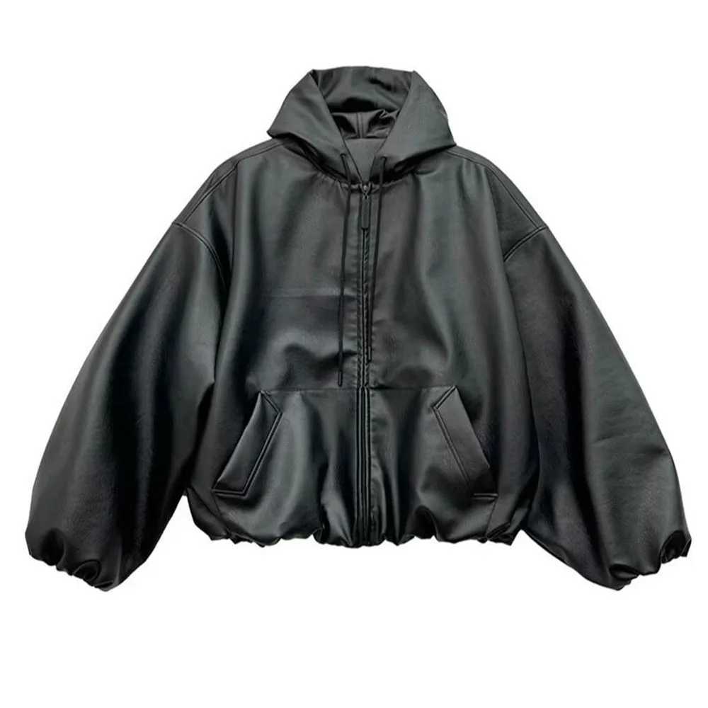 High Street Black Color Pu Leather WIndbreaker Coat Mens and Women Cleanfit Casual Loose Zipper Hooded Jackets Oversized J250816