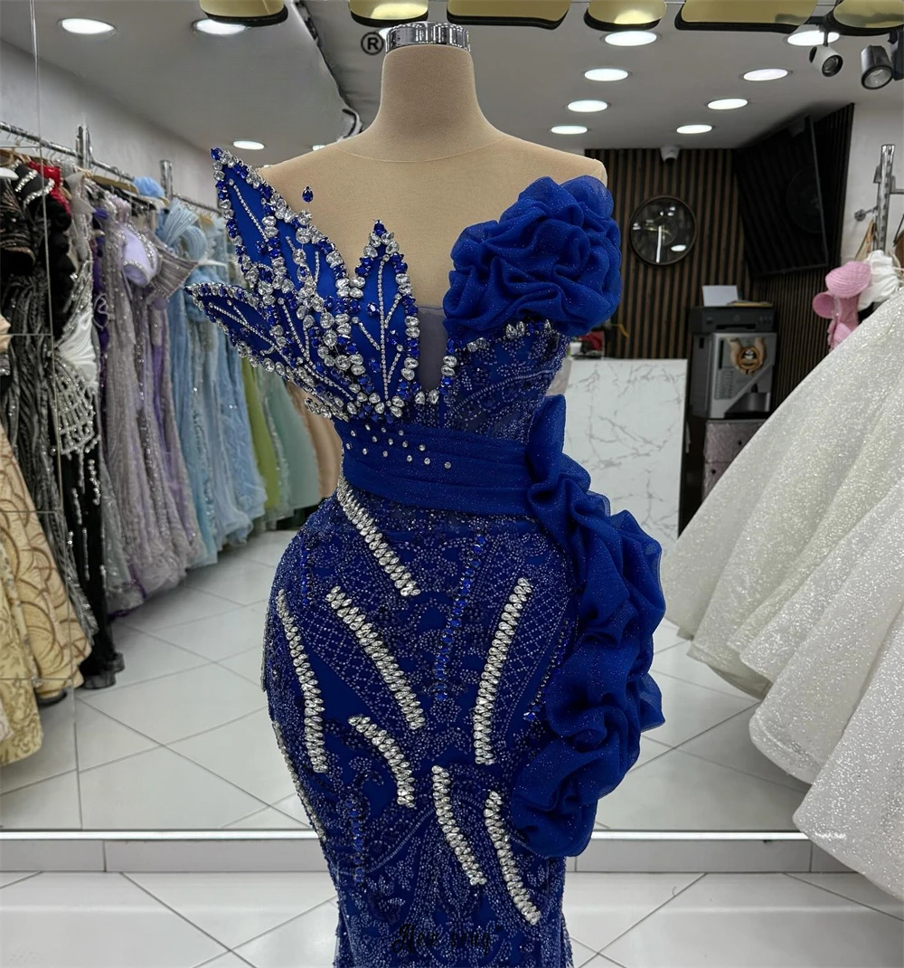 Royal Blue Sleeveless Ruffles Mermaid Evening Dresses Maxi Long Beads 3D Lace Prom Engagement Dinner Gown Abiballkleid Customized