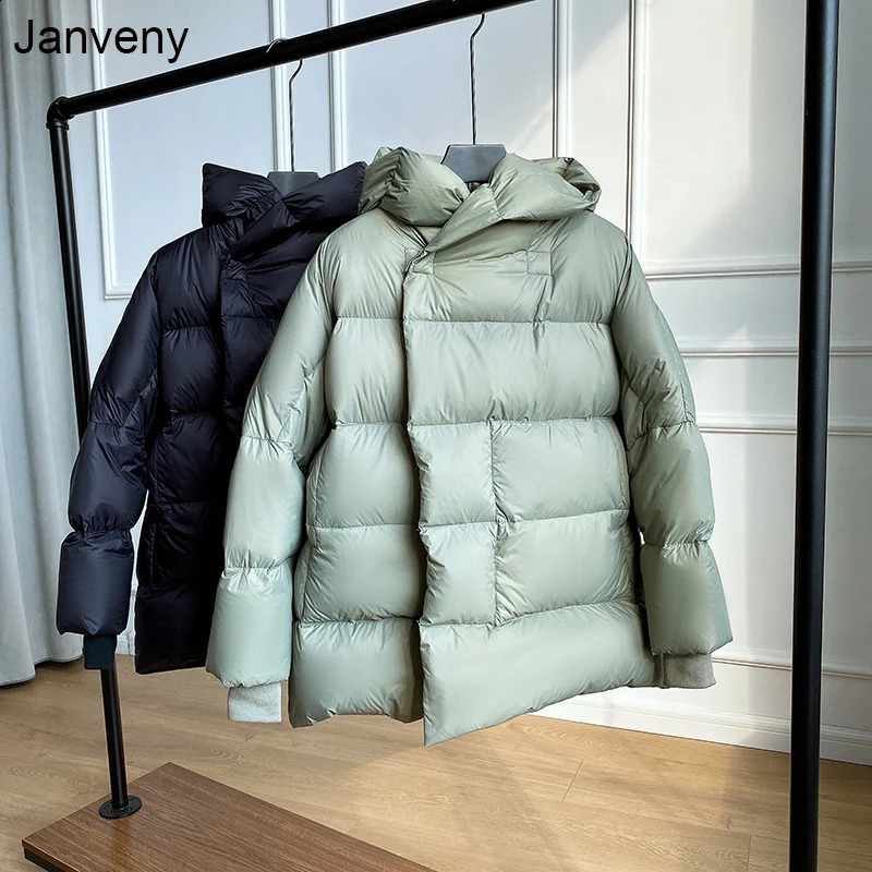 Janveny Winter Down Coat Women Thick 90% White Duck Down Jacket Short Soft Solid Color Loose Plus Size Hooded Female Parkas 250815