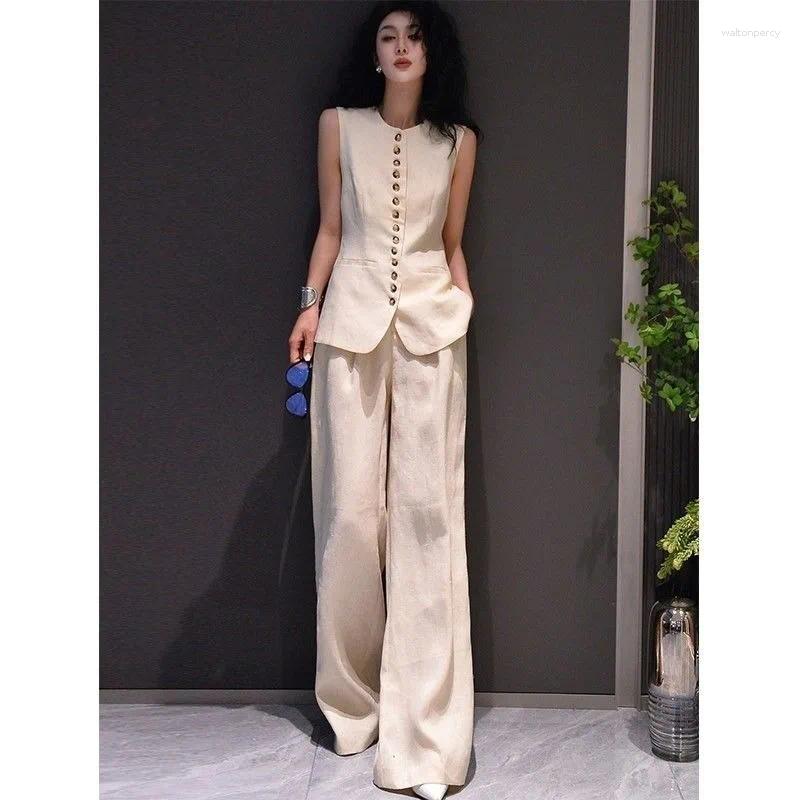 Women's Two Piece Pants French Office Lady Summer Suit Fashion Design Sense Sinlge Breasted Sleeveless Vest Wide Leg Set