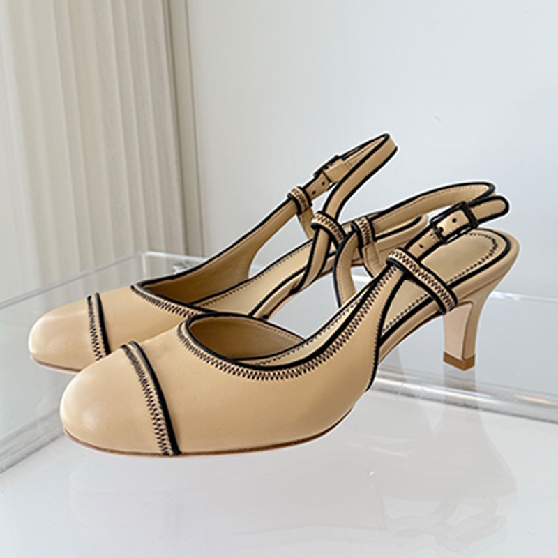 Fashion Slingback Pompes en cuir Sandales Sandales Boat High Heels Femmes Chaussures robes Round Toe Office Party Chaussures 906