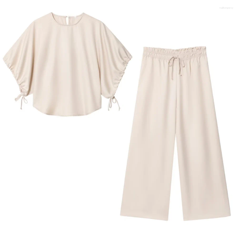 Women's Two Piece Pants UNIZERA Curved Hem Round Neck Bubble Sleeves Casual Shirt Mid Waist Loose Sleepwear Style Wide Leg Summer Pant