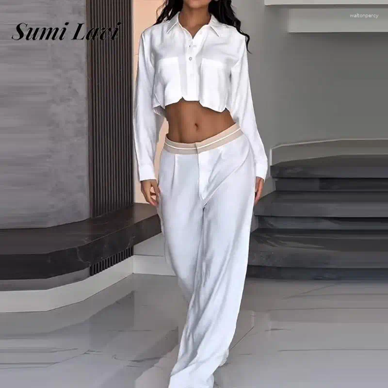 Pantalon à deux pièces pour femmes femmes causales à manches longues lâches 2 pc tenues élégant bouton de revers chemise pantal