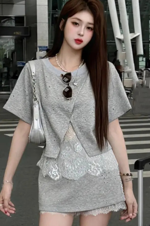 French Lace Spliced Short Sleeve Top Casual Versatile Pants Skirt Two Piece Set Women Summer Fashion Suit 250801
