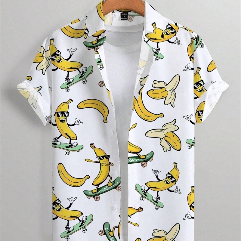 Mens Shirt Lapel Party Casual Street Short Sleeve Summer Fashion Banana Animation 3D Print Tops Clothing y250804