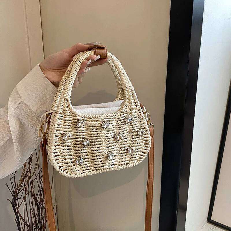 Cross Body Fashion Rhinestone Box Straw Bag Designer Rope Weave Women Handbags Casual Summer Beach Shoulder Crossbody Bags Small Bali Purse