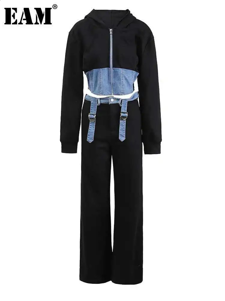 EAM Black Denim Jacket Wide Leg Pants Two Piece Suit Hooded Long Sleeve Women Fashion Spring Autumn 2025 CPDB013 250808