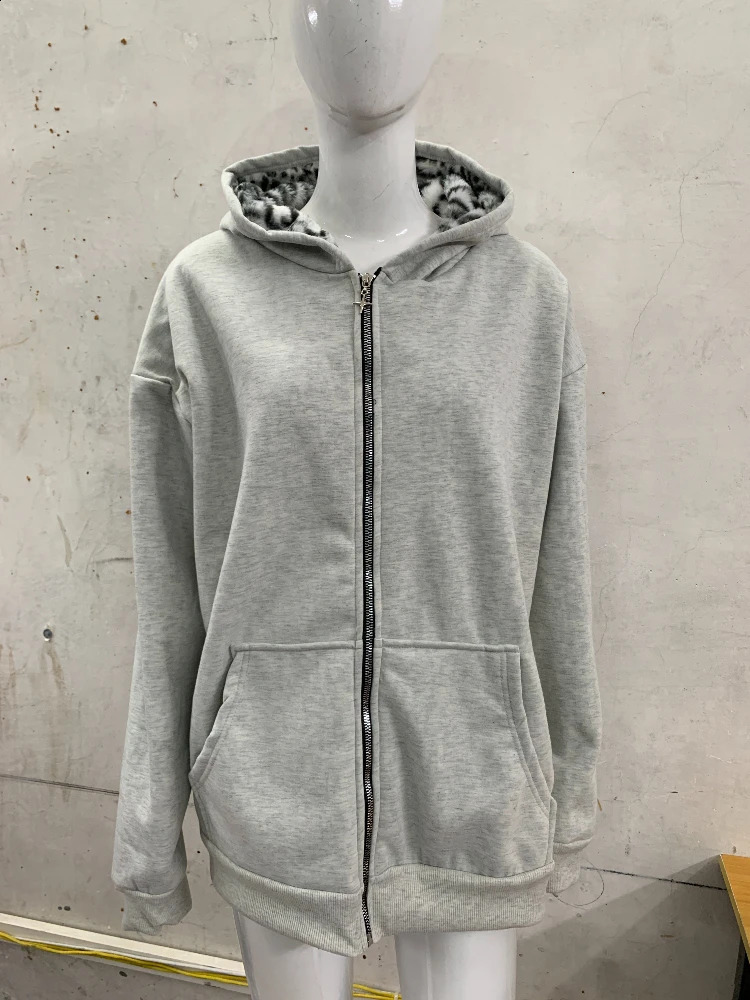 Vintage Gothic Street Zipper Loose Hoodie Top Autumn and Winter Fashion Single Solid Color Jacket Leopard Lining Y2k Clothing 250818