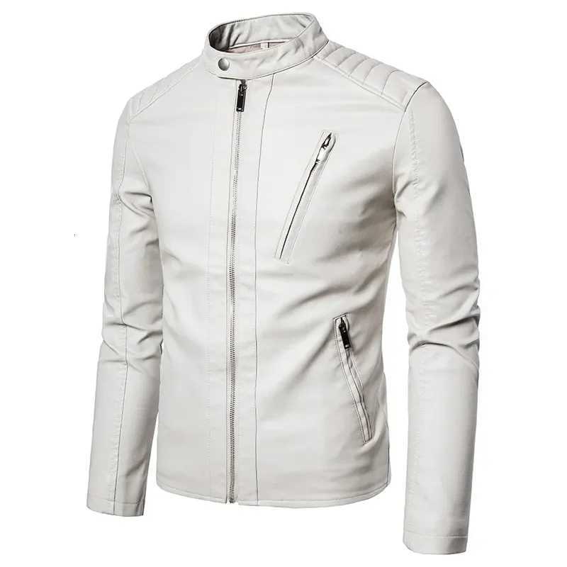 Stand Collar Jackets Fashion Casual Trend White Windproof Coat Streetwear Spring Autumn Mens Motorcycle Leather Jacket Solid XJ250818