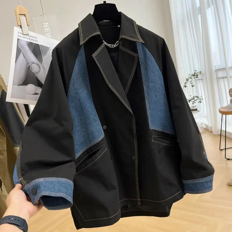 Autumn Denim Jacket Coat Women Splicing Blazer Outerwear Female Long sleeves Loose Jean windbreaker 250801