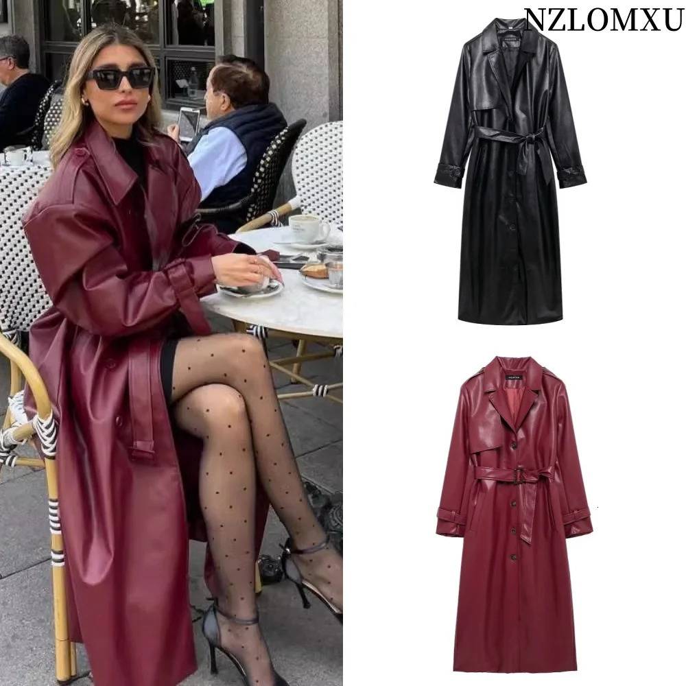 Women Fashion With Belt Long style Single Breasted Faux Leather Coat Vintage Sleeve Pockets Female Outerwear 250818