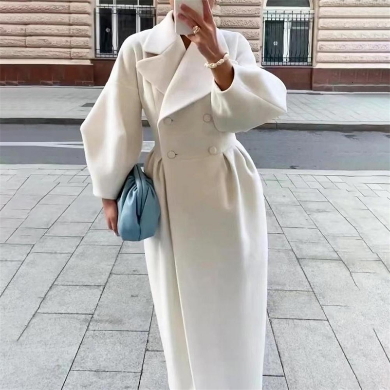 Solid-color Outerwear Lady Commuting Jacket Elegant Womens Woolen Double-breasted Coat with Lantern Sleeves Retro for Commuting 250818
