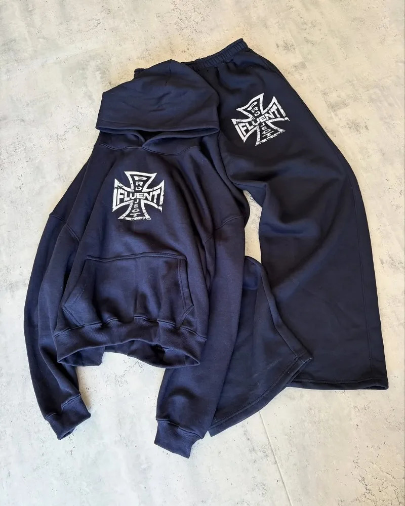 Trendy Brand Harajuku Y2K Streetwear Men Suit Vintage High Street Retro Baggy Sweatpants Hiphop Casual Oversized Sweatshirt 250818