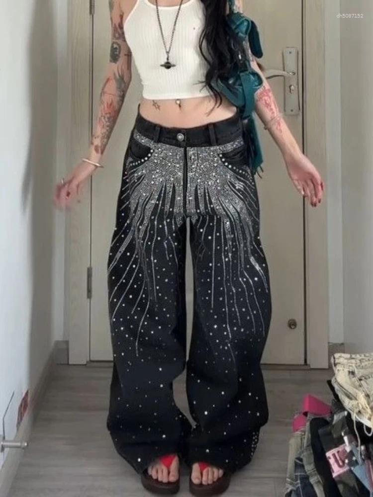 Men's Jeans Black Y2k Vintage Rhinestone Women Harajuku Hip Hop Wide Leg American Style Denim Pants Baggy Grunge Streetwear