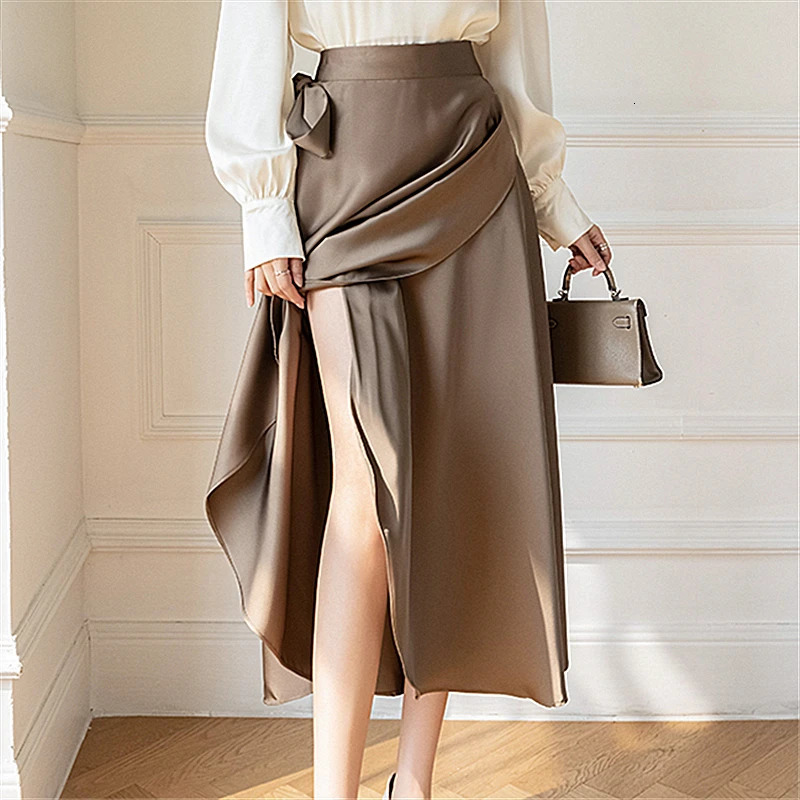 Seoulish Elegant Tie Up Womens Skirts Summer Vintage Irregular High Waist Solid Color Casual Ladies Aline Female 250818