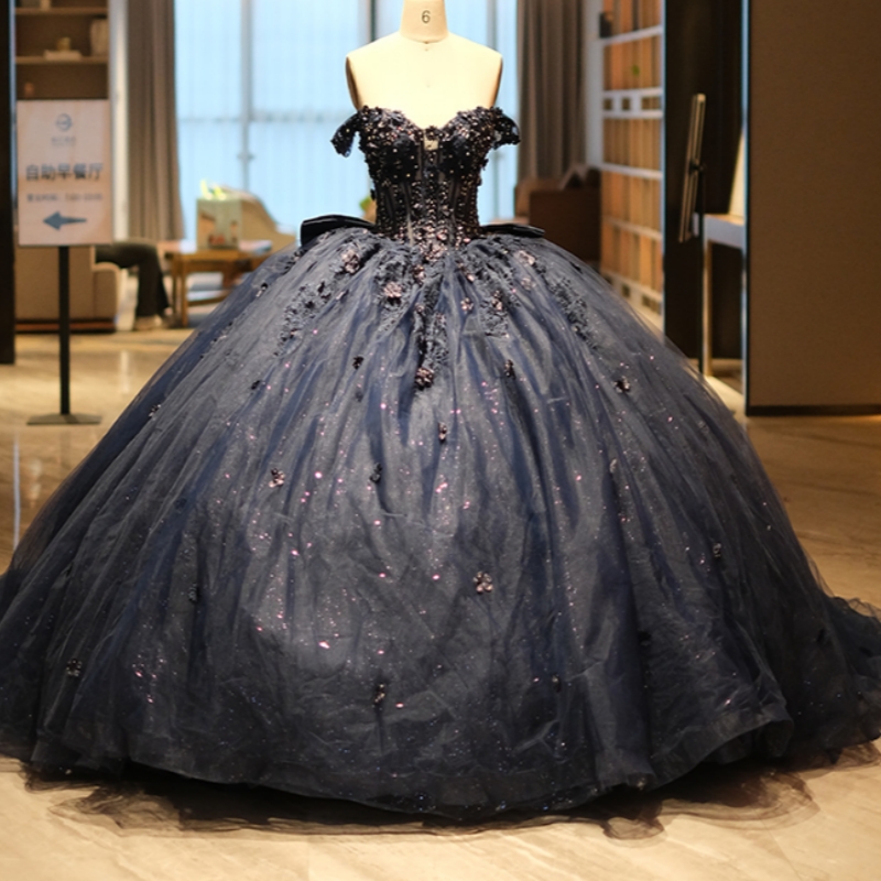 Black Shiny Princess Sweet 16 robe robe quinceanera robes appliques arc perles tull fête d'anniversaire vestidos 15 de anos