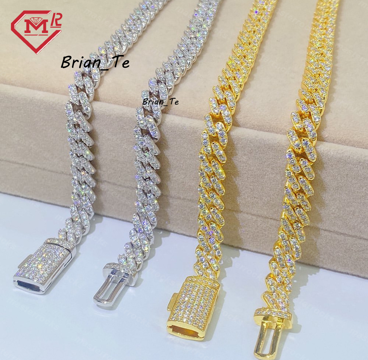 8mm One Row Big Stone Iced Out Moisssanite Cuban Link Chain Miami Hip Hop 925 Silver Moissanite Cuban Chain