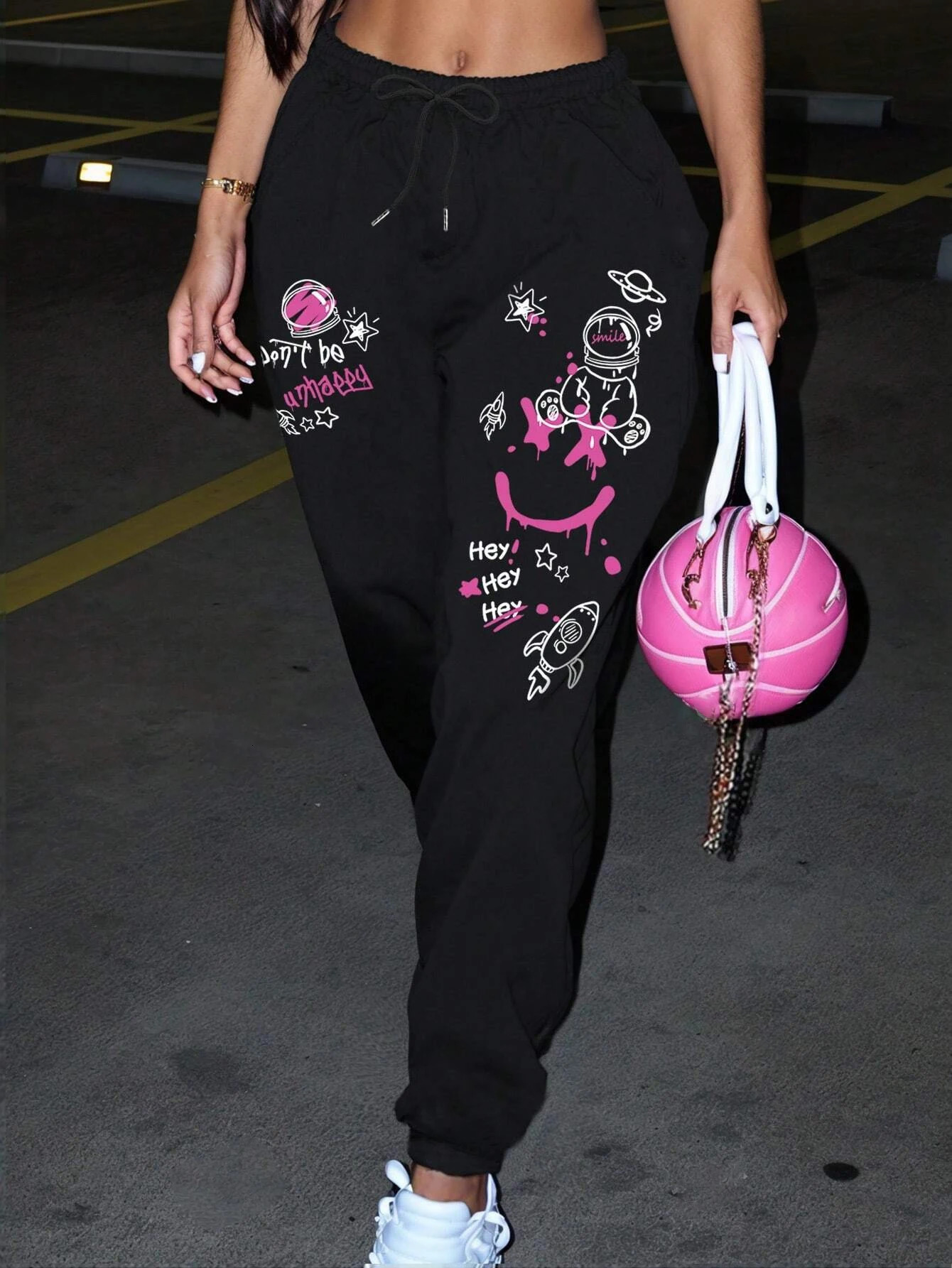 Womens Casual Graffiti Printed Sweatpants For Everyday Wear Versatile Pocket Drawstring Trendy Street Pant Female Autumn Winter 250819