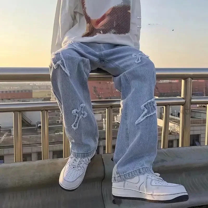 Trendy Straight-leg Denim Jeans For Men Casual Loose Fit Wide Leg Hip Hop Streetwear American Style250819