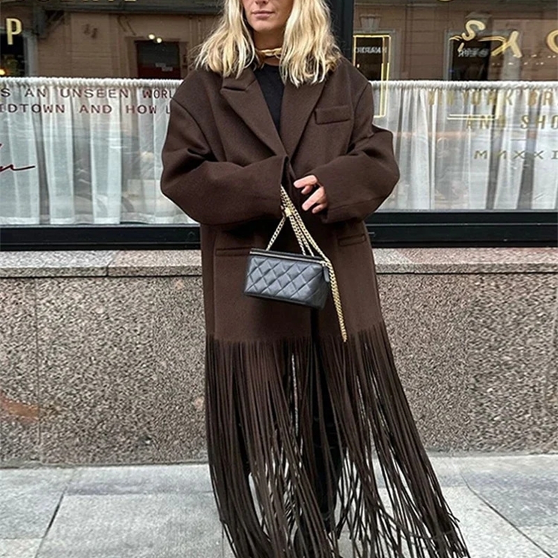 Fashion Woolen Tassels Long Coats For Women Turn-down Collar Single Breasted Pockets Jacket Female Elegant Solid Lady Overcoats 250818