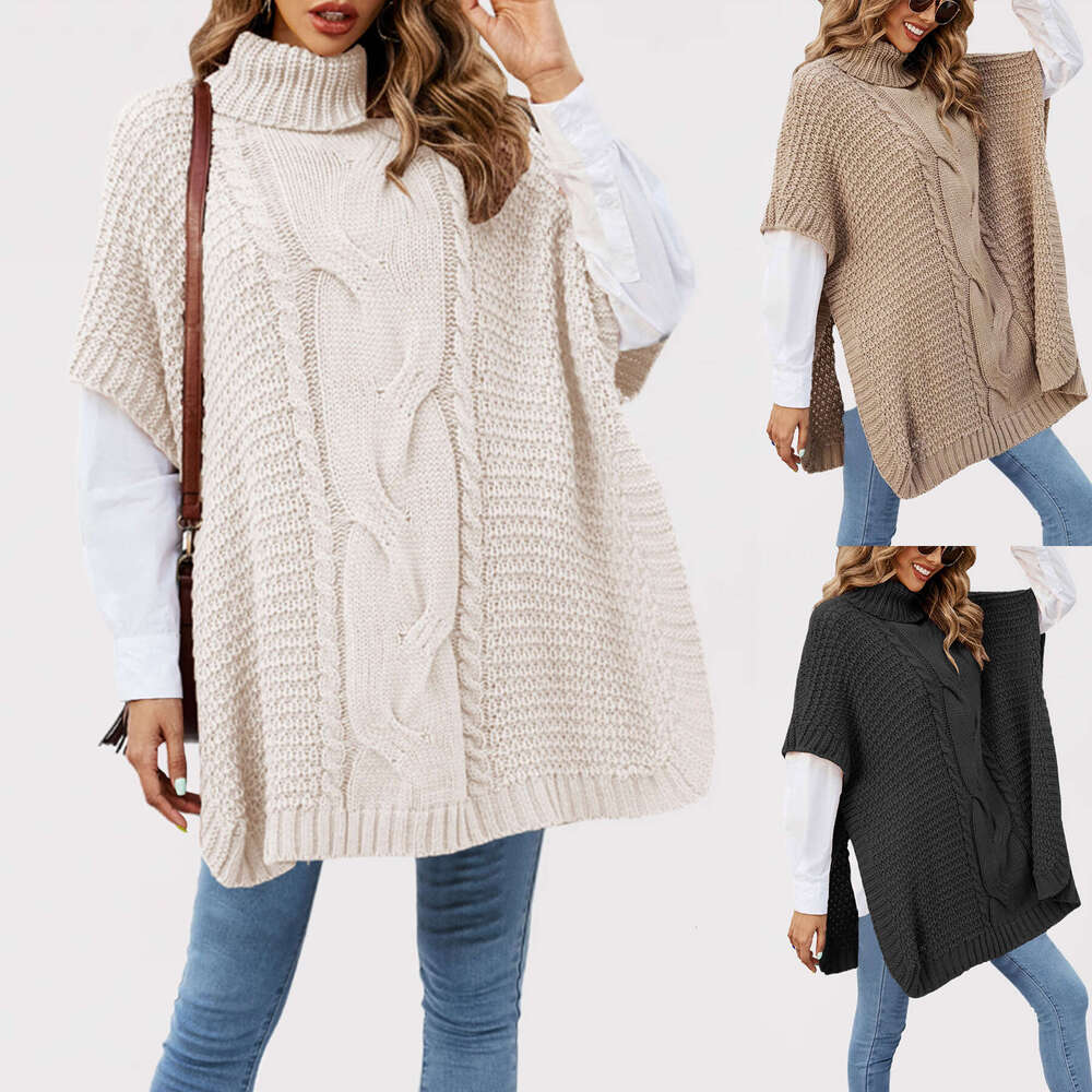 Autumn Winter New Temu High Collar Cable Knit Shawl Loose Round Neck Sweater B5