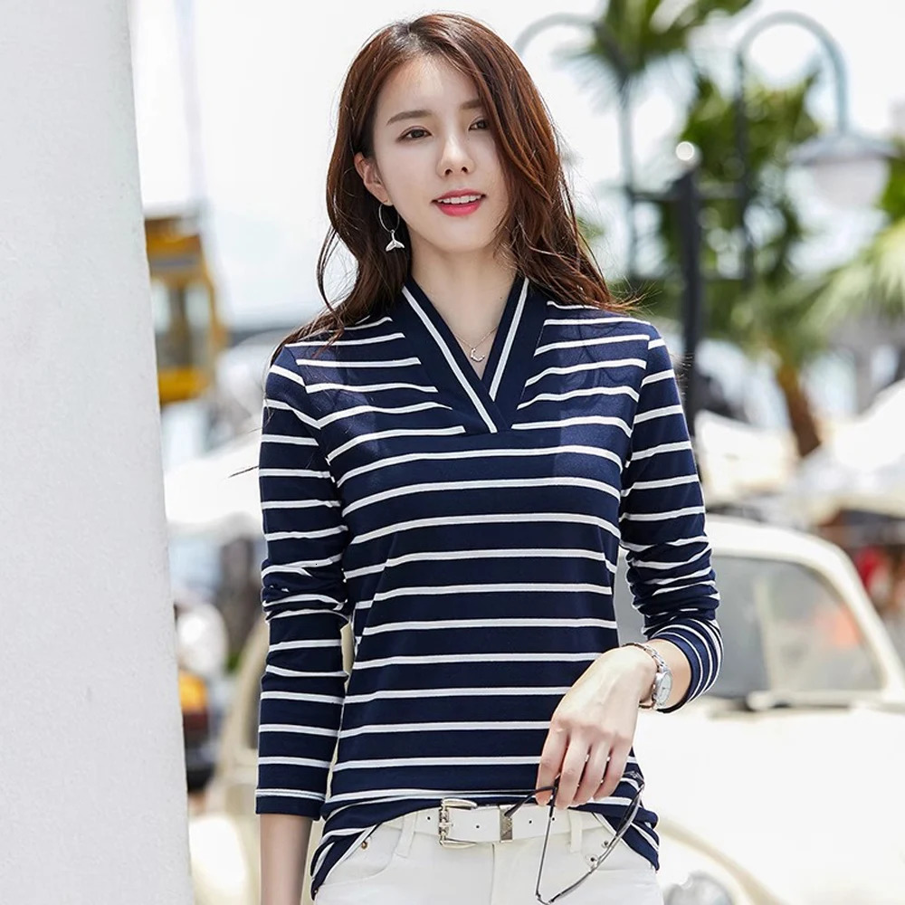 Cotton blue striped long sleeved Tshirt for womens spring and summer fashion casual Vneck commuting plus size top 250813