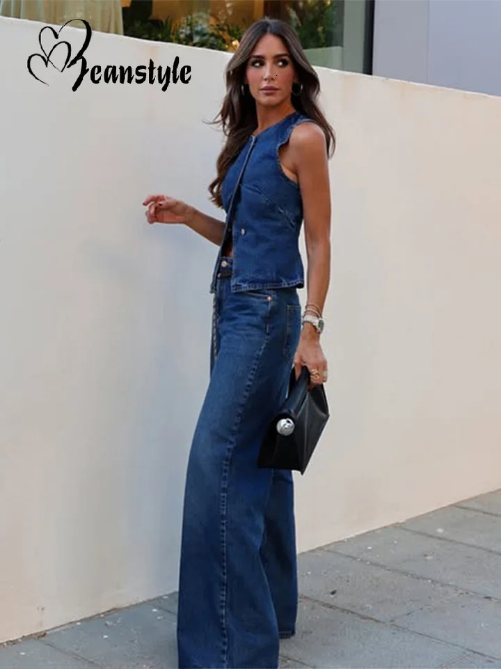 Elegant Womens Suits Denim Sleeveless Irregular Short Vest Wide Legs Long Jeans 2025 Autumn Street Fashion Ladies Pants Sets 250818