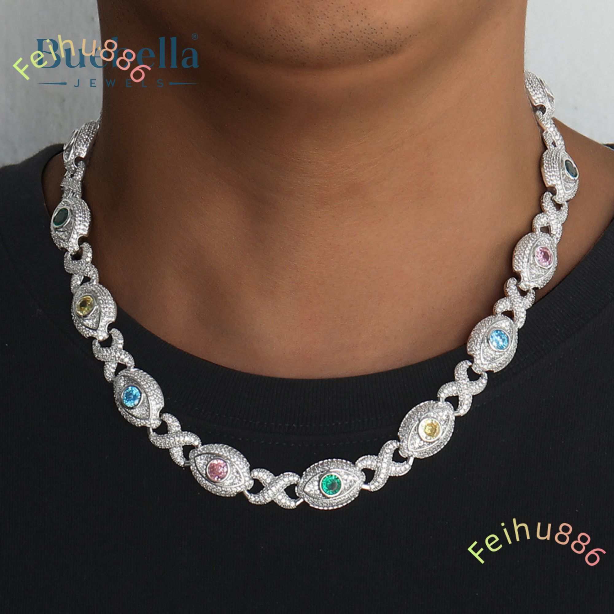 Mens 925 Silver 14K Gold Plated Moissanite Diamond Eyes Infinity Sign Fancy Color Diamond Necklace Foe Men Gift