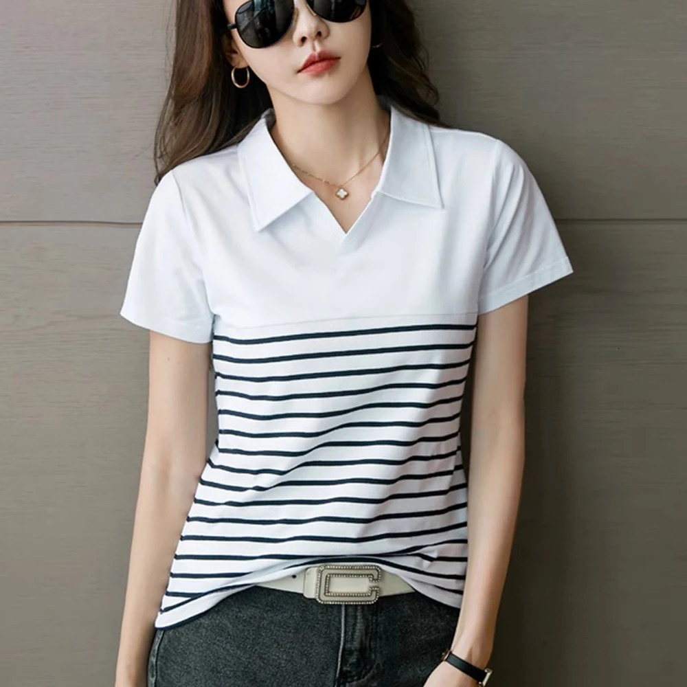 Pure cotton short sleeved tshirt for womens summer fashionable plus size Vneck casual polo shirt striped lapel top 250813