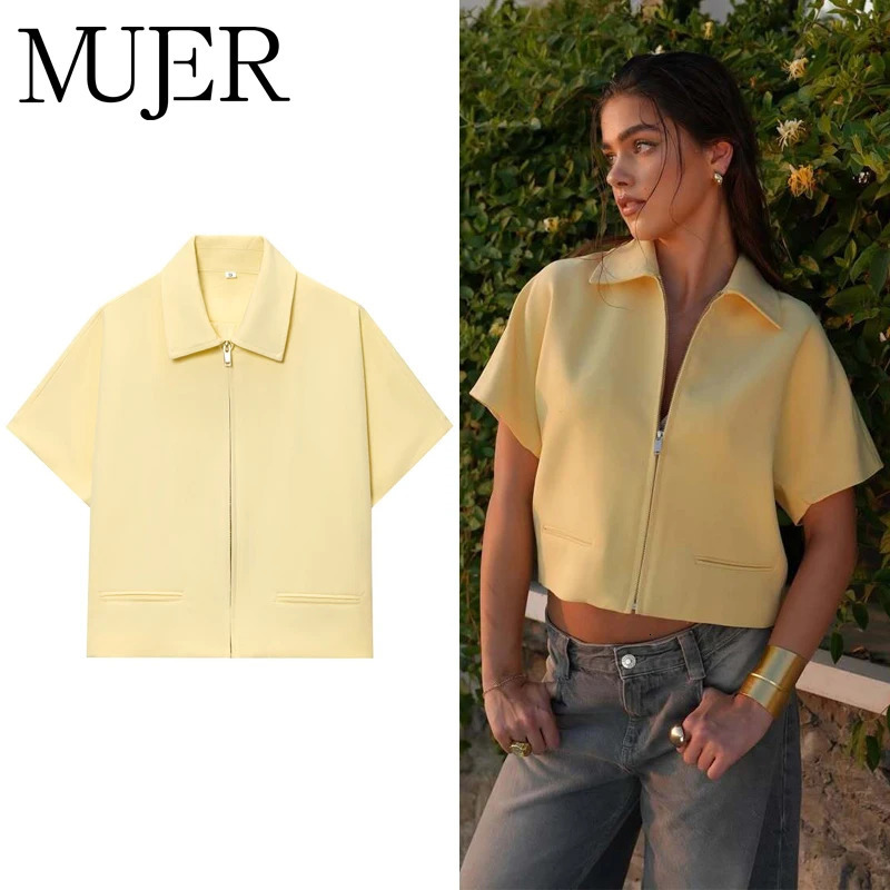 MUJER 2025 Cropped Jacket Women Zipper Varsity Womens Jackets Short Sleeve Coats Casual Outerwears Holiday Woman 250808
