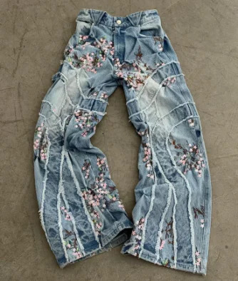 Gothic Harajuku Sakura Embroidery Niche Retro Blue Jeans Mens Y2K Harajuku Hip Hop Casual Washing Simple Pants250819