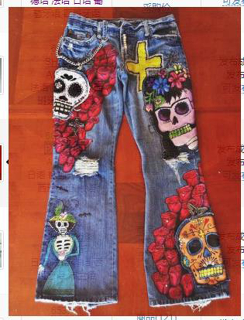 Concepteur de livraison gratuite en stock, transfrontalier Amazon Wish Halloween Independent Station à chaud Vente, pantalon en jean lavé à brode