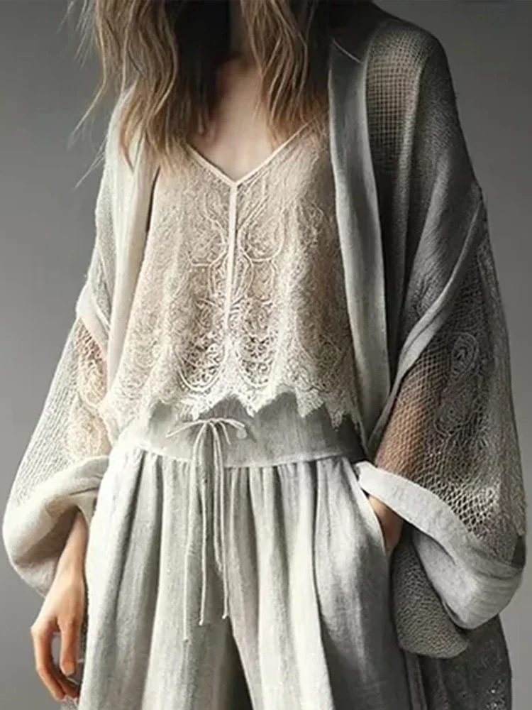 Womens Long Sleeve Cardigan Summer Thin Loose Casual Fishnet Lantern ONeck Retro Ladies Jacket 250808