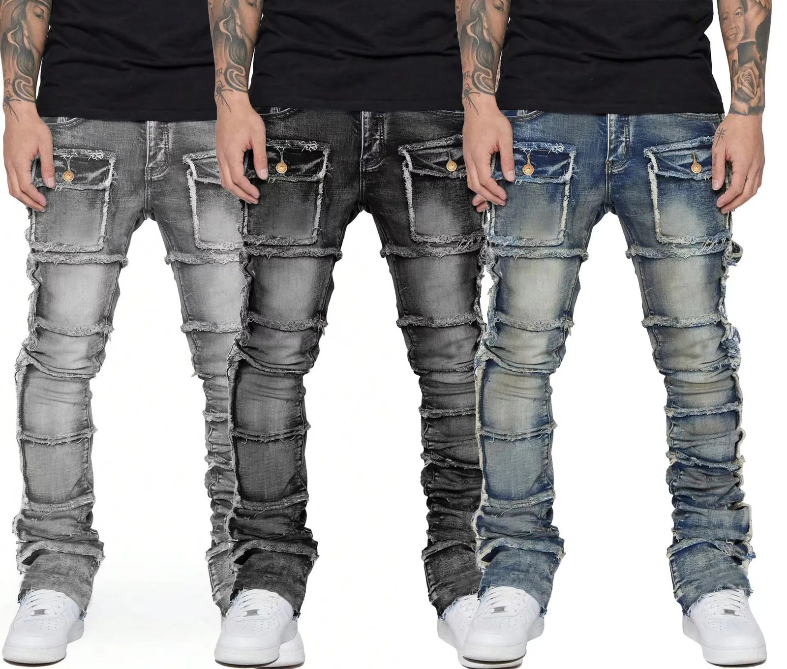 2025 Men Ripped Stacked Jeans Distressed Slim Fit Skinny Straight Leg Jeans Fashion Hip Hop Denim Pants Casual Streetwear250819