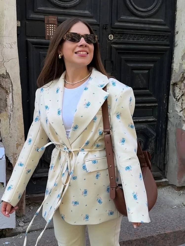 Printed Lapel Lace Up Waist Cinching Suit Jacket Women Elegant Shoulder Pad Long Sleeve One Button Blazers Chic Ladies Outerwear 250818