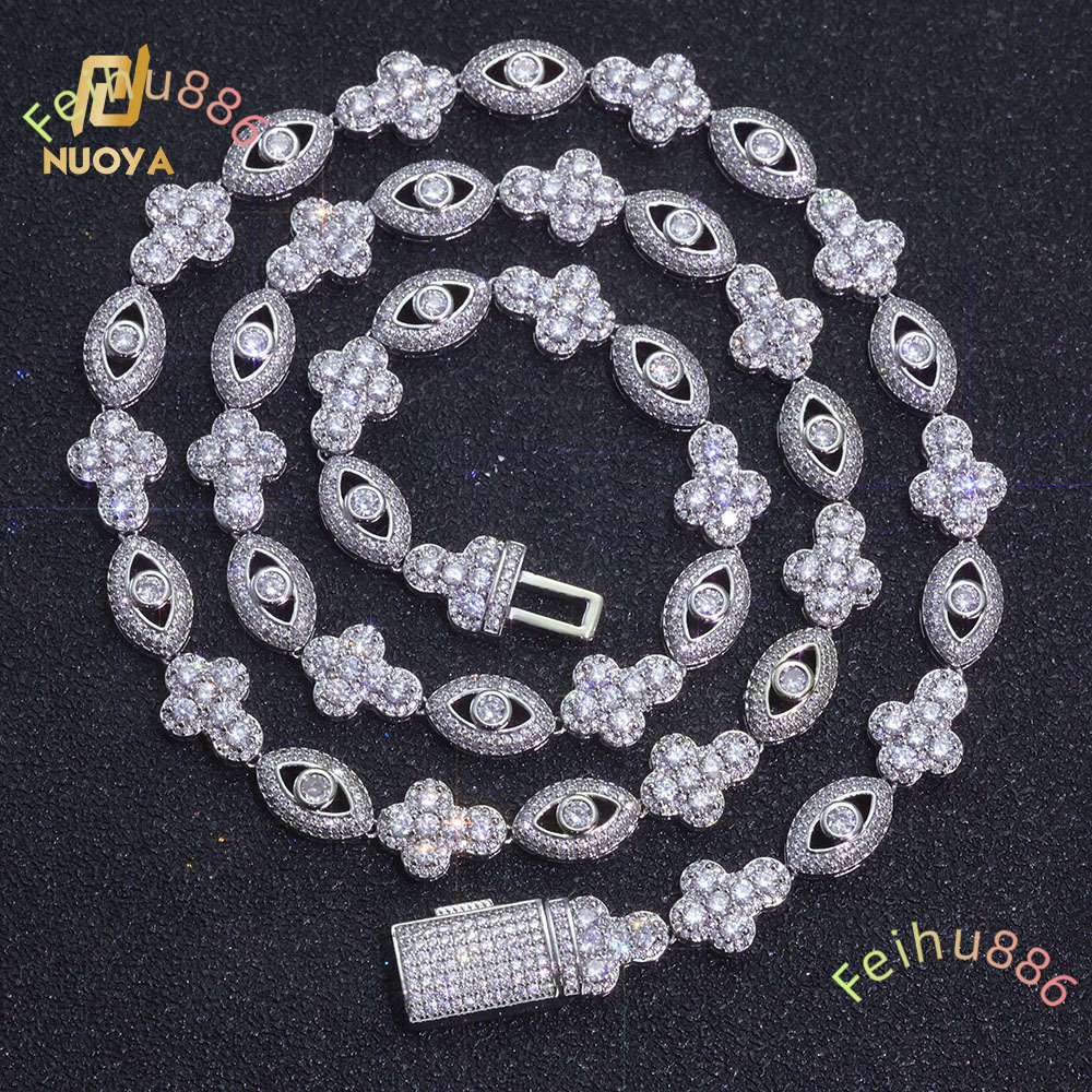 Bling Diamond Cross Necklace with Eye Design Men Hip Hop Jewelry Micro Pave Moissanite Silver Plated Cuban Chain Gift