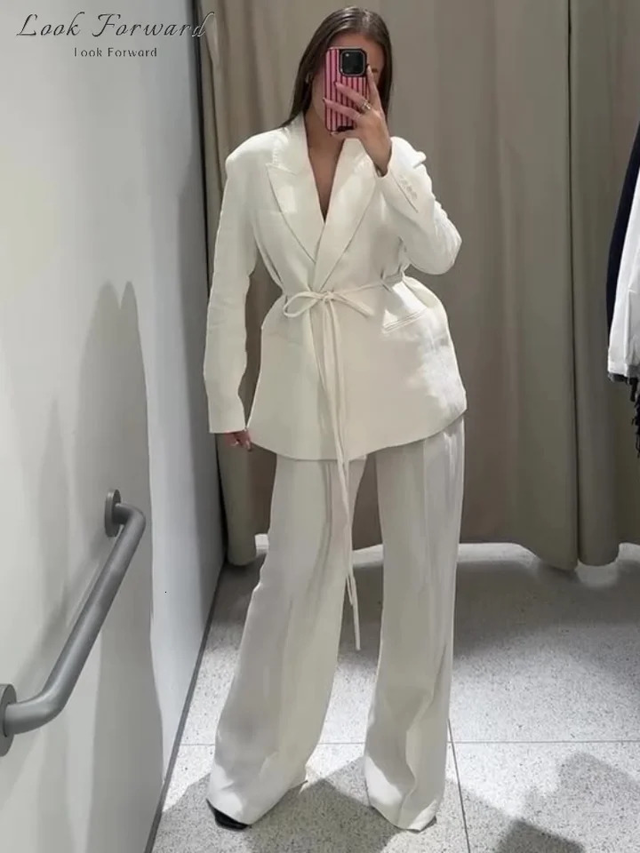 Elegant Blazer Pants Sets Women V-neck Lace up Jacket Full Sleeve Wide Leg Trousers Suit Lady Spring 2025 Autumn Solid Set Woman 250818