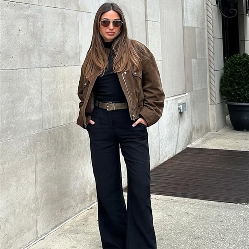 Vintage Womens Suede Bomber Jacket Fashion Lapel Zipper Full Sleeve Female Coats Spring Lady Elegant Casual Streetwear 250818