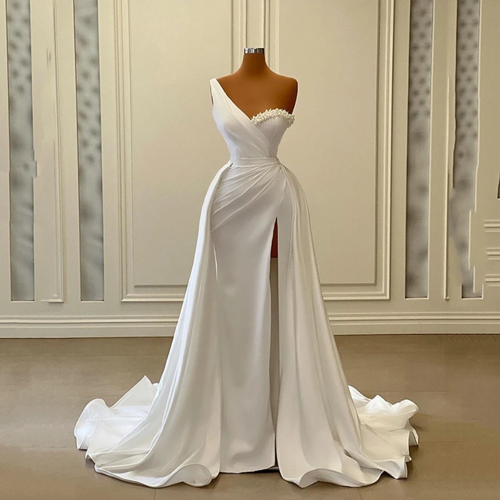 Eightree Elegant Mermaid Wedding Dresses One Shoulder Pearls Bride Dress Boho Beach Princess Wedding Gown Customize