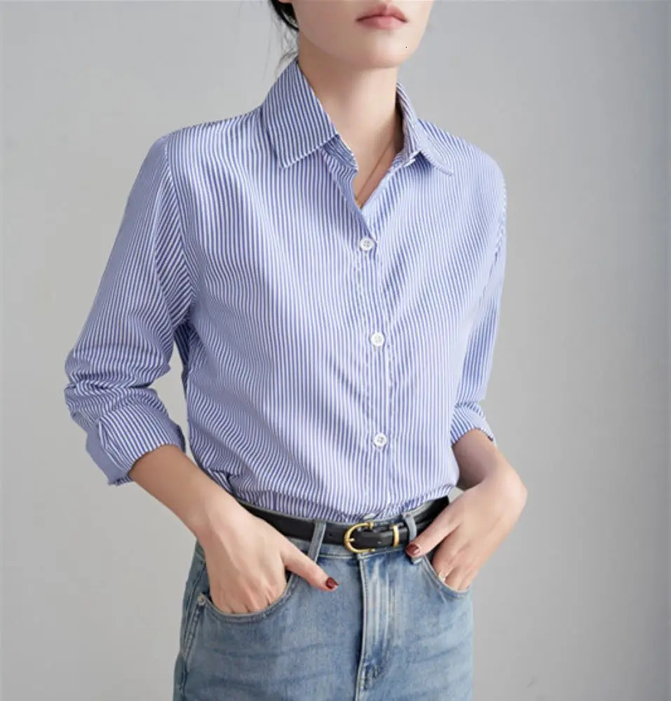 Blue Striped Shirt For Women Loose Spring Autumn Casual Long Sleeves Fashion Clothes Ladies Office Lady Wear 250813