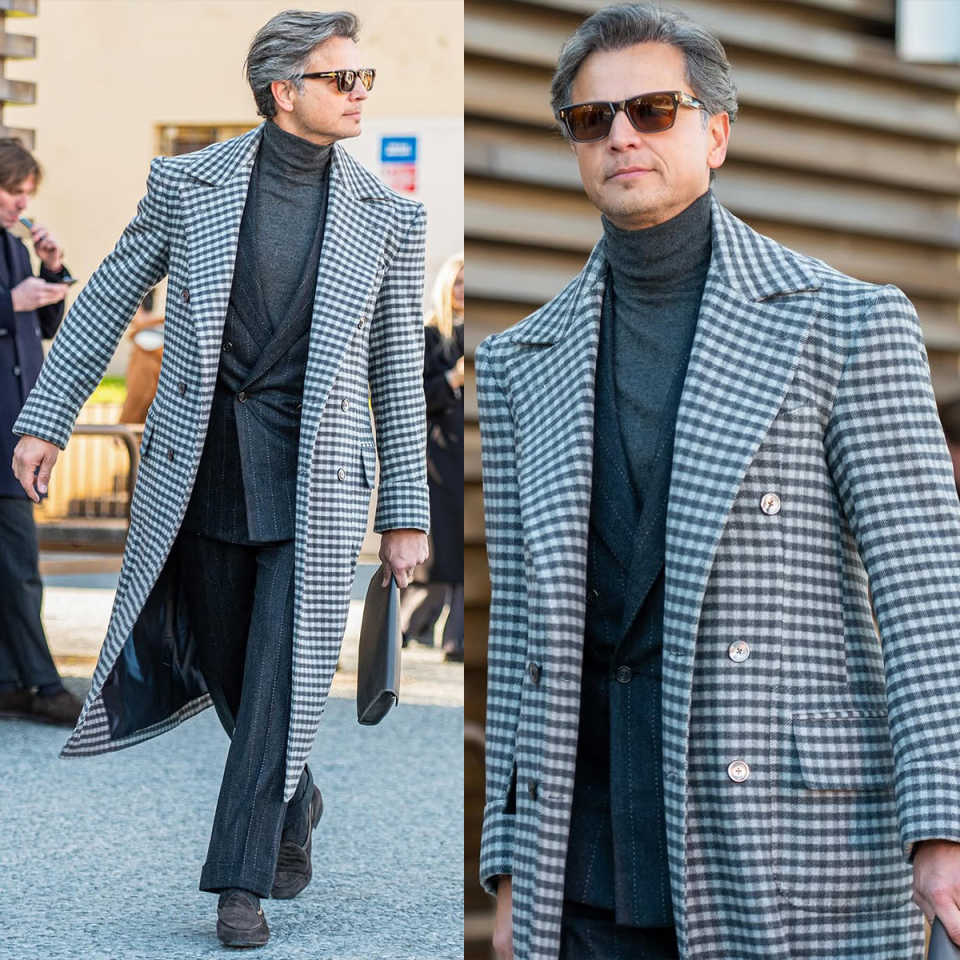 Autumn and Winter Checkered Men's Long Coats Wool Notched Lapel 1 Piece Coat Double Breasted Warm OverCoat Customized
